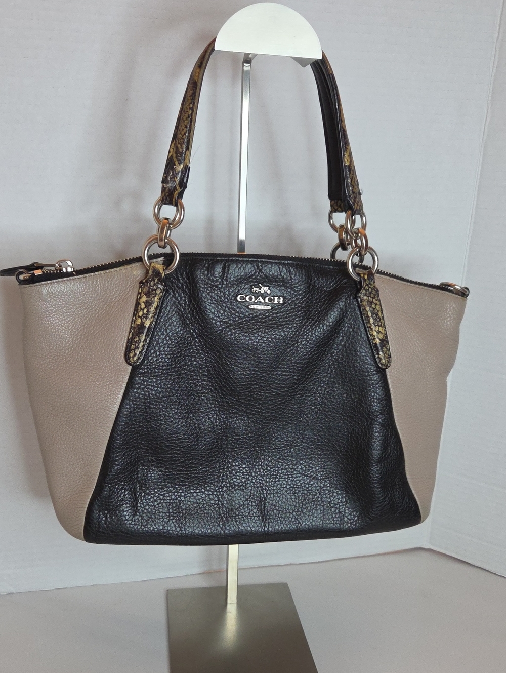 Coach Two-Tone Black & Taupe Leather Shoulder Bag with Snake-Print Accents
